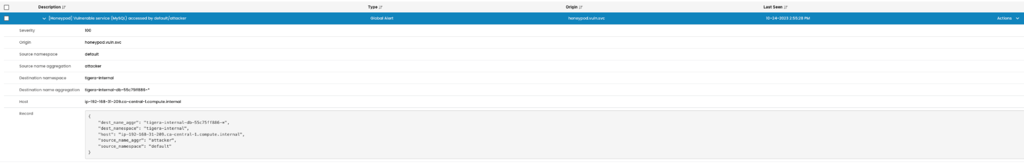 Screenshot of a Calico Cloud Honeypods alert showing details of a detected attack on a vulnerable MySQL service
