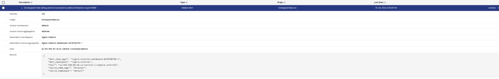 Screenshot of a network security alert showing details of a detected attack on a honeypot (fake debug service) on port 8080