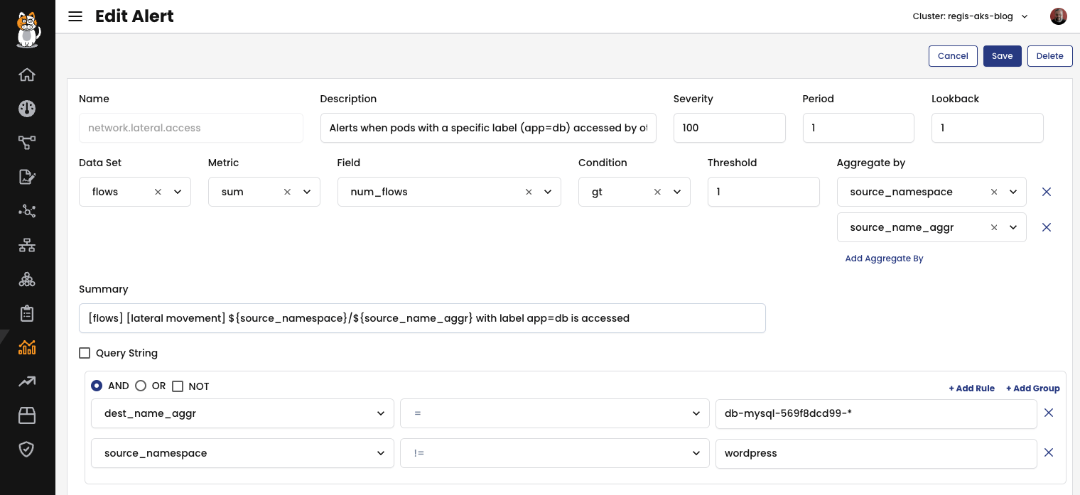Screenshot of alert configuration to notify on non-WordPress connections to the db-mysql database