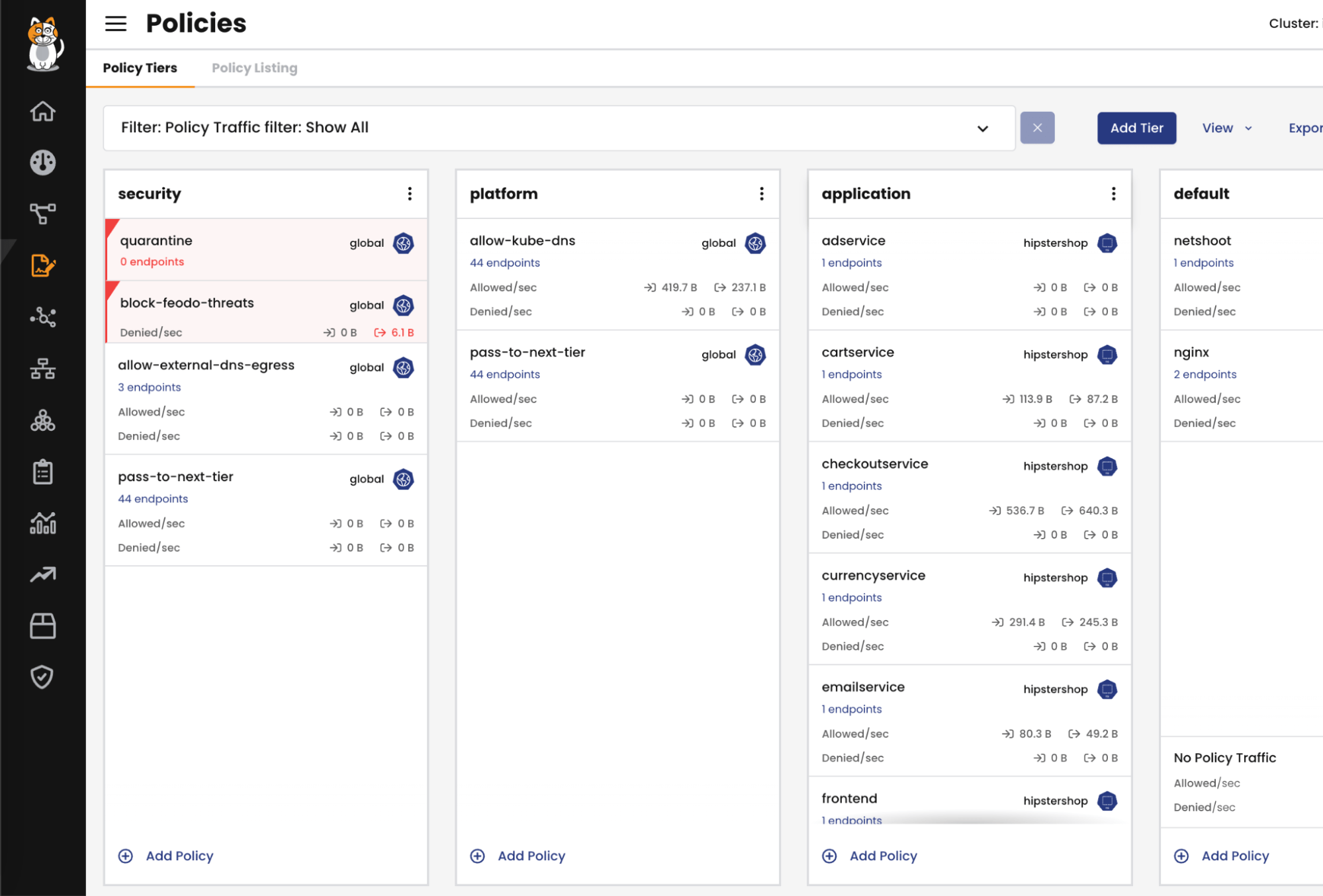 Screenshot of Calico Enterprise/Cloud's policy management interface, showing hierarchical security policies across security
