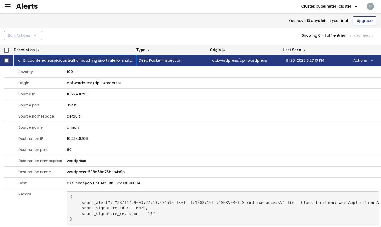 Calico alert screenshot showing details of a suspicious traffic alert triggered by a snort rule
