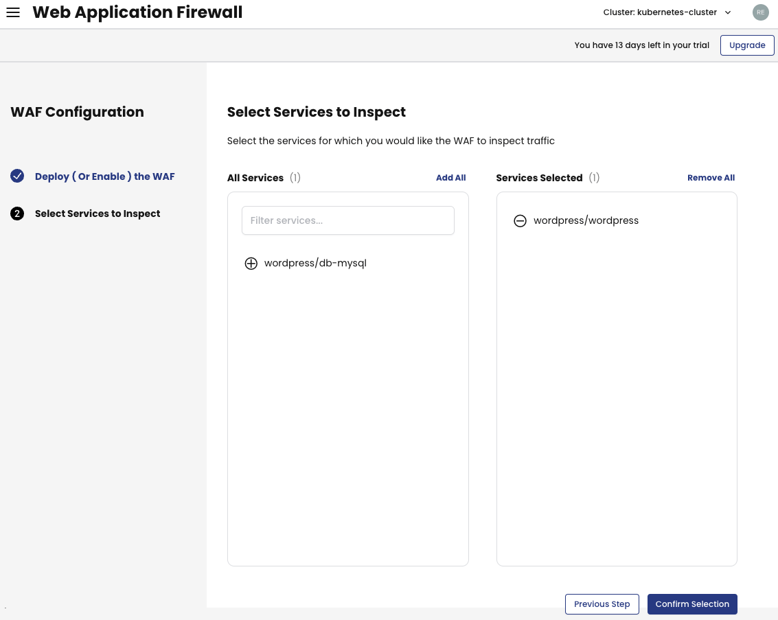 Screenshot of Web Application Firewall settings showing service selection before confirming