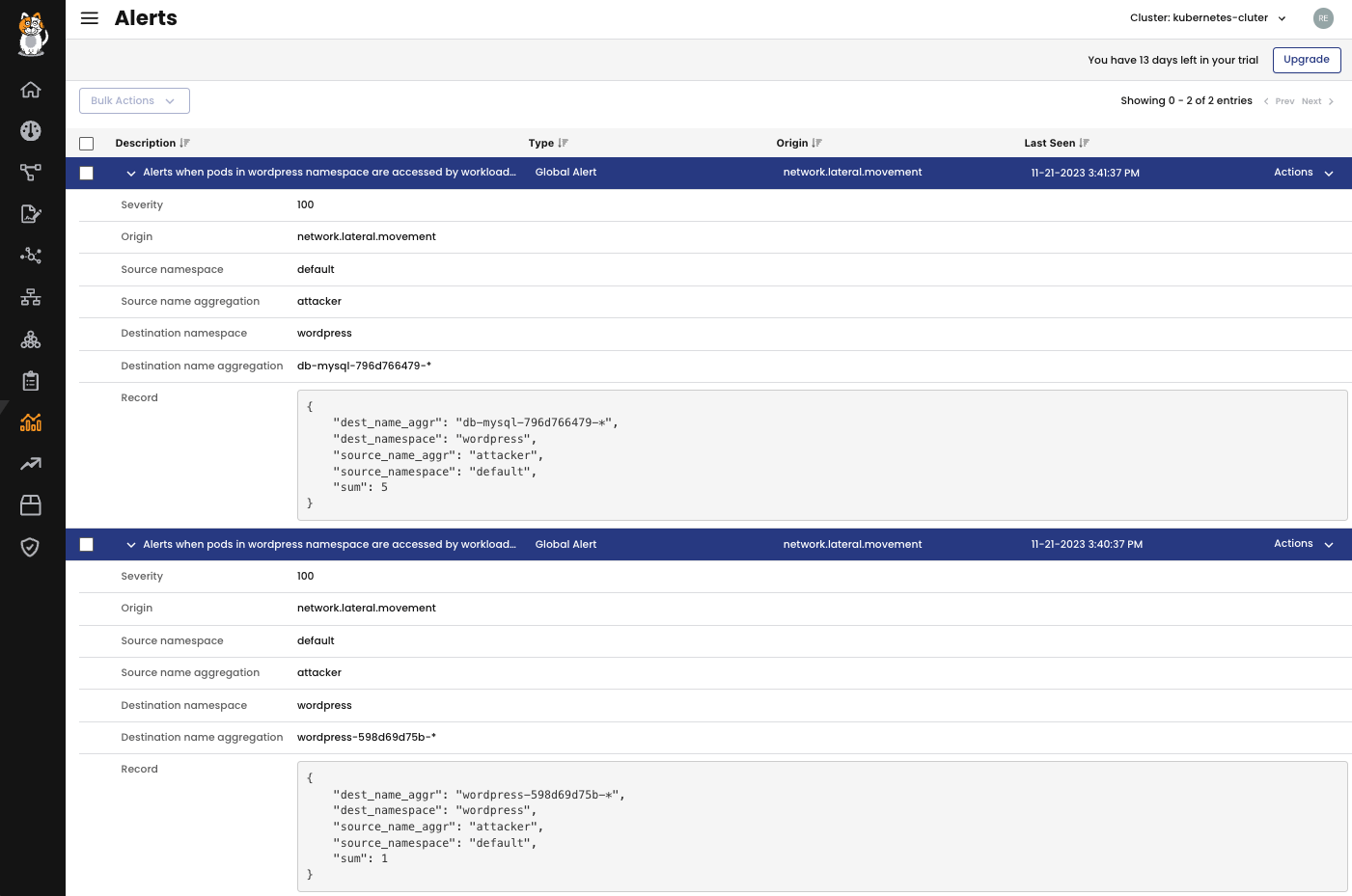 Calico UI screenshot showing two alerts: wordpress namespace accessed by workload, origin network.lateral.movement