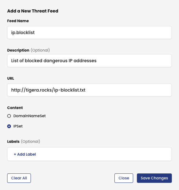 Screenshot of form to add a new threat feed, including name, description, URL, content type, and labels