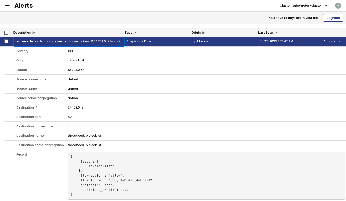 Calico UI Activity > Alerts page showing a suspicious flow alert; check for details
