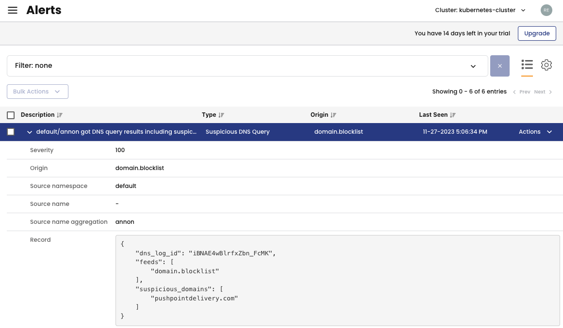 Calico UI Activity > Alerts page showing a suspicious DNS query alert; check for updates