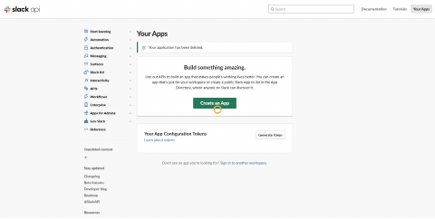 Slack API page showing the "Create an App" button, illustrating the first step in building a Slack app for incoming webhooks