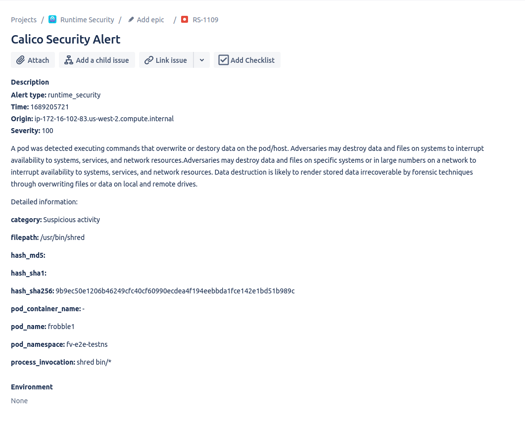 Jira alert: Calico detected suspicious activity (shred command) potentially destroying data