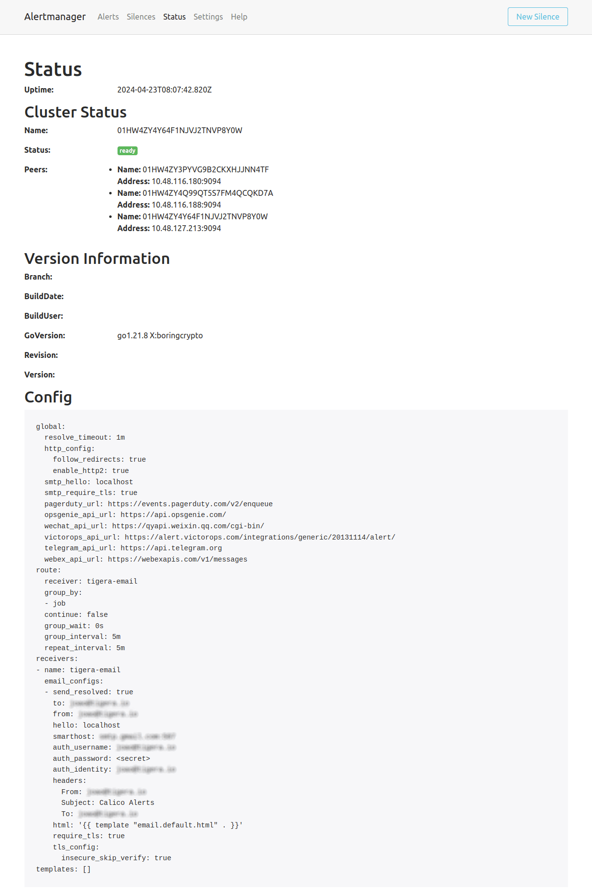 Screenshot of Alertmanager's Status tab, showing uptime, cluster status (ready), peers, version, and configuration details