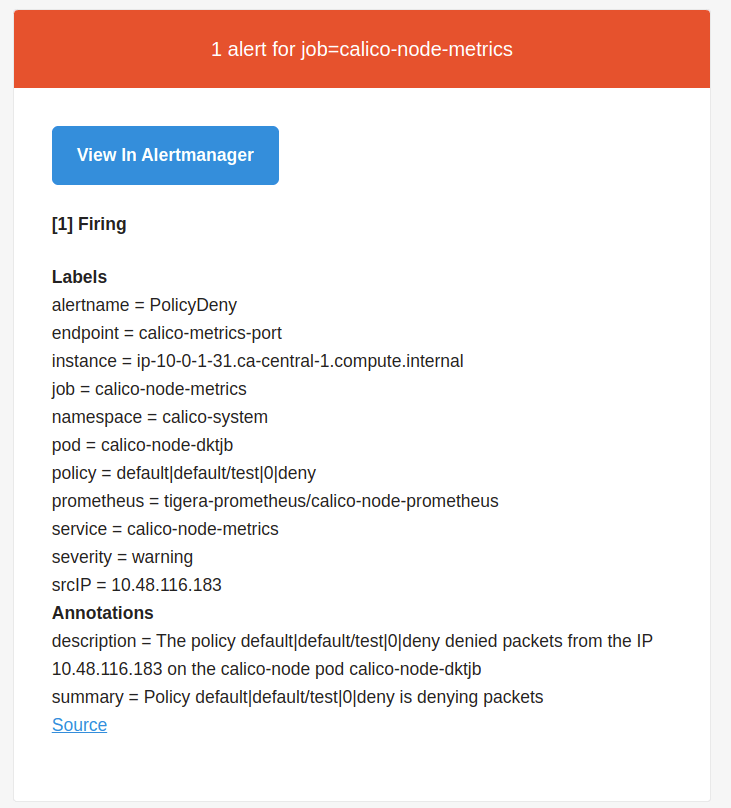 Alert details for job=calico-node-metrics, including labels (e.g., alertname, severity) and annotations (description, summary