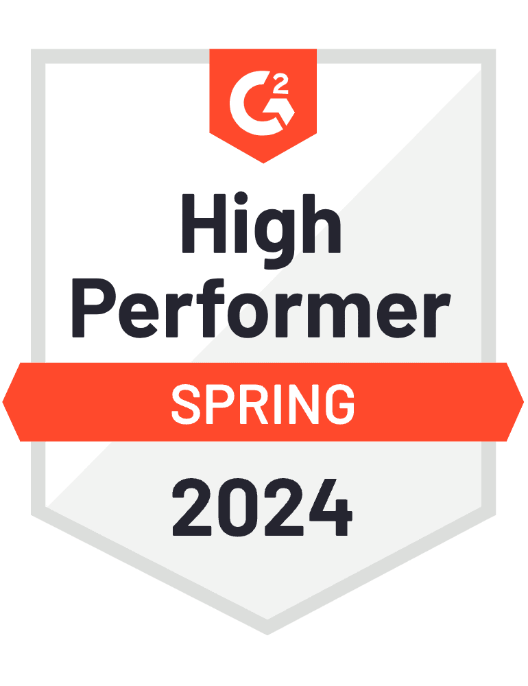 G2 High Performer Spring 2024 badge. Illustrates awards and analyst mentions
