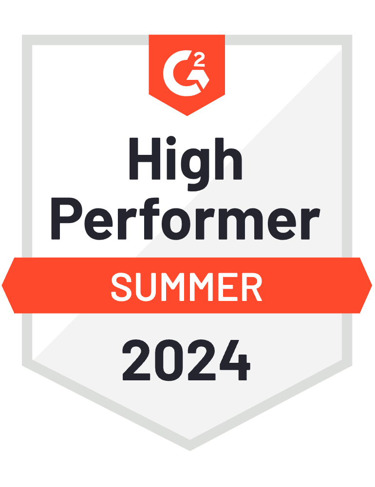 G2 High Performer Summer 2024 badge. Illustrates awards & analyst mentions