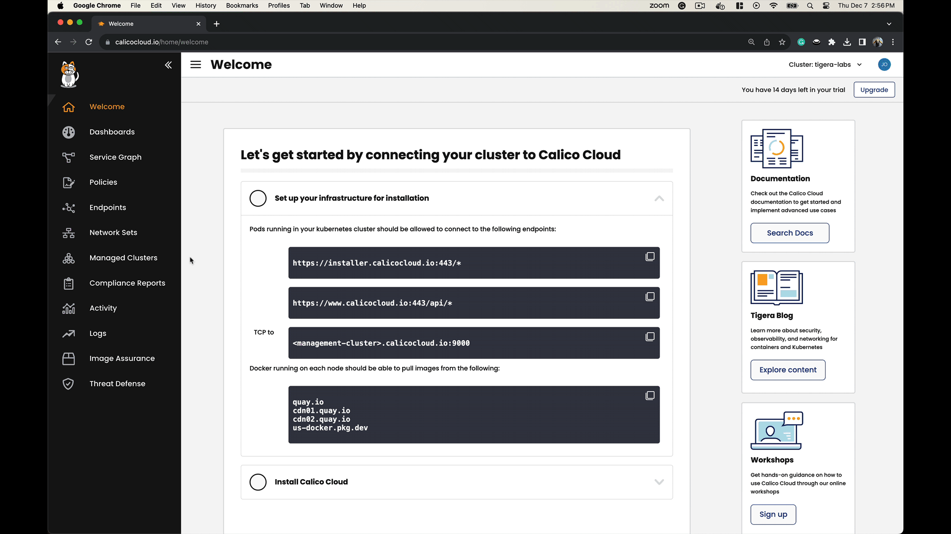 Calico Cloud connection setup instructions:  shows required endpoints and Docker images for cluster installation