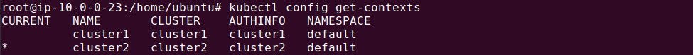 Screenshot showing two Kubernetes clusters, demonstrating unique cluster names and contexts