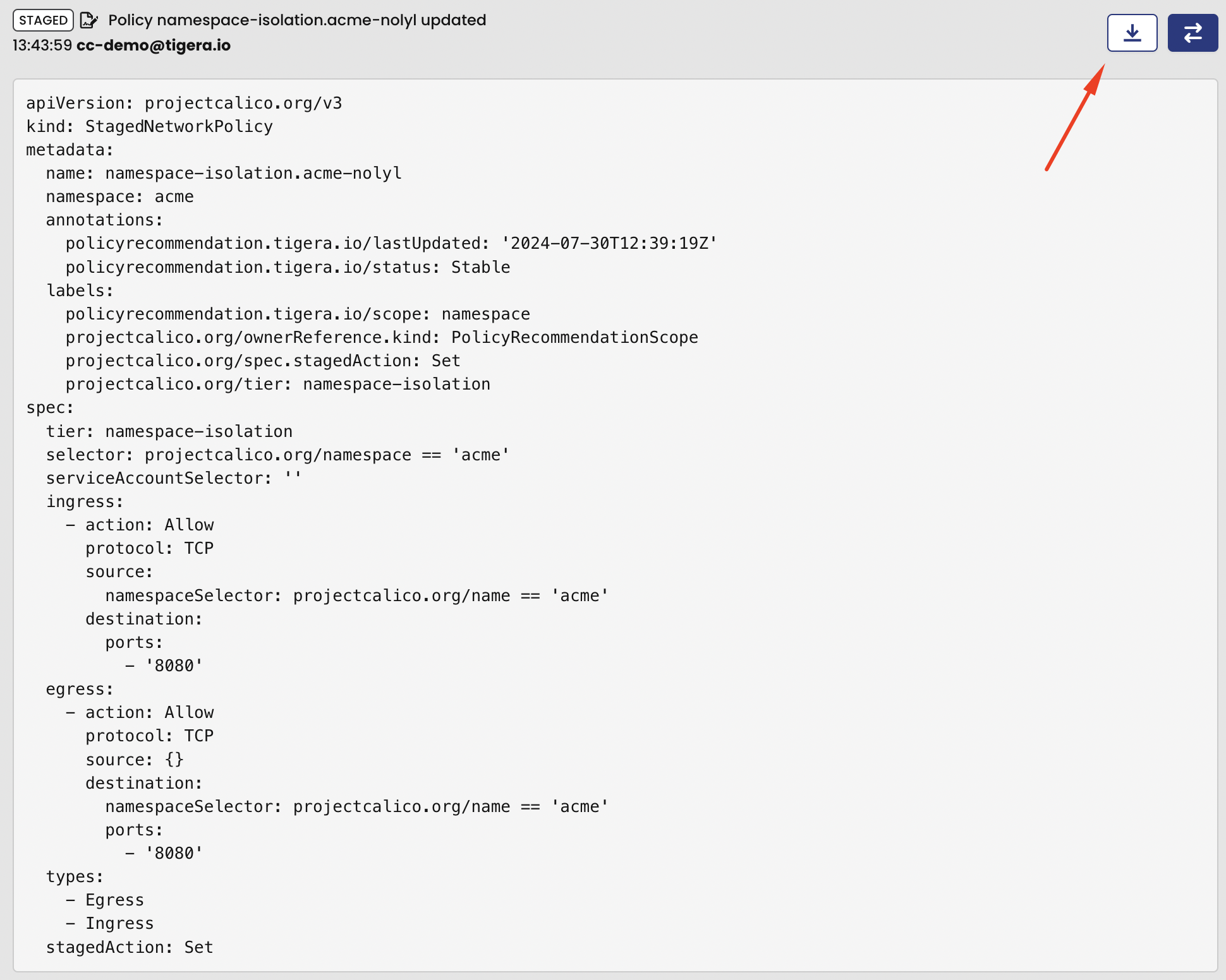 Kubernetes staged network policy YAML; allows review before enforcement in cluster