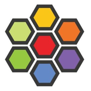Seven interconnected colored hexagons, possibly representing a network or system