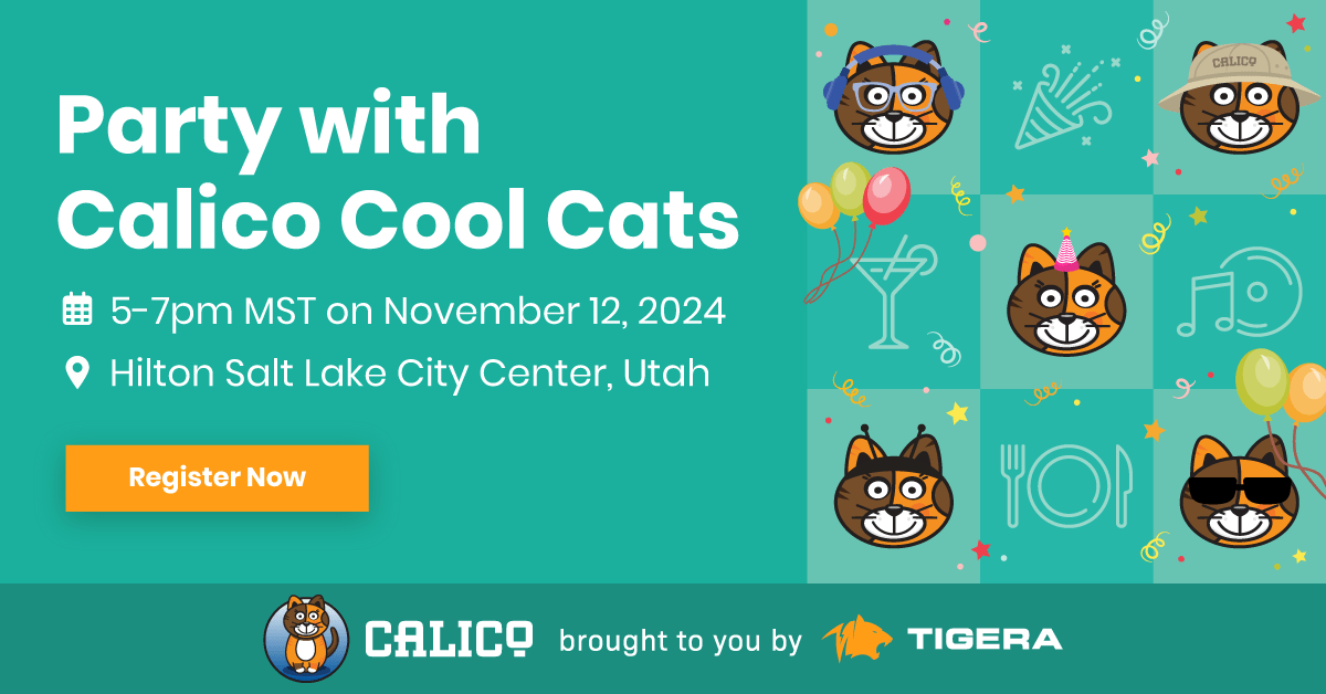 Flyer for 'Party with Calico Cool Cats' on November 12, 2024, 5-7pm MST at Hilton Salt Lake City Center. Features cartoon