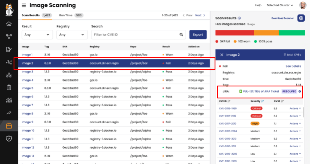 Jira integration streamlines vulnerability remediation. Screenshot shows resolved Jira ticket linked to a failed image scan