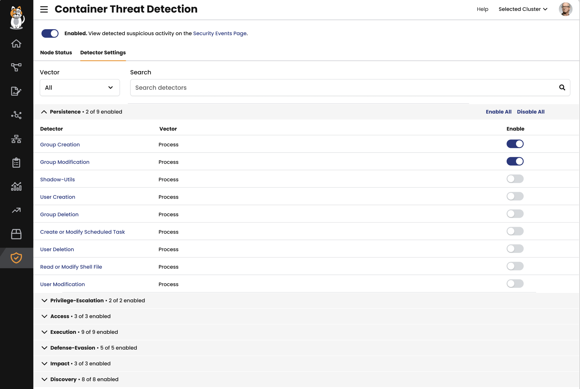 Screenshot of customizable container threat detection settings, enabling security teams to optimize resource use by tuning