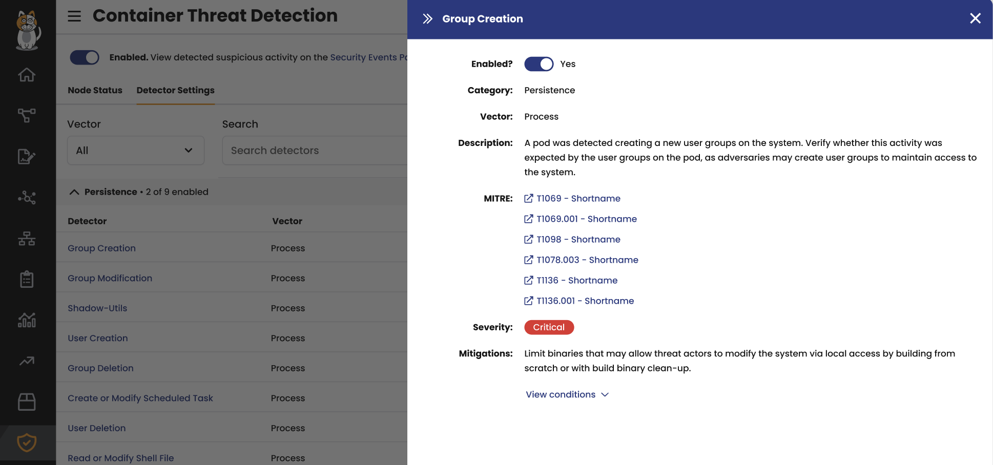 Screenshot of customizable threat detection settings, showing options to enable/disable detectors and view details of