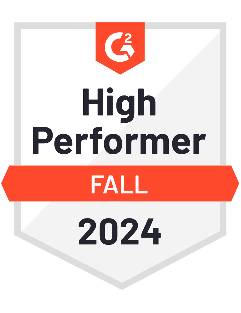 G2 High Performer Fall 2024 badge. Illustrates industry recognition and analyst mention
