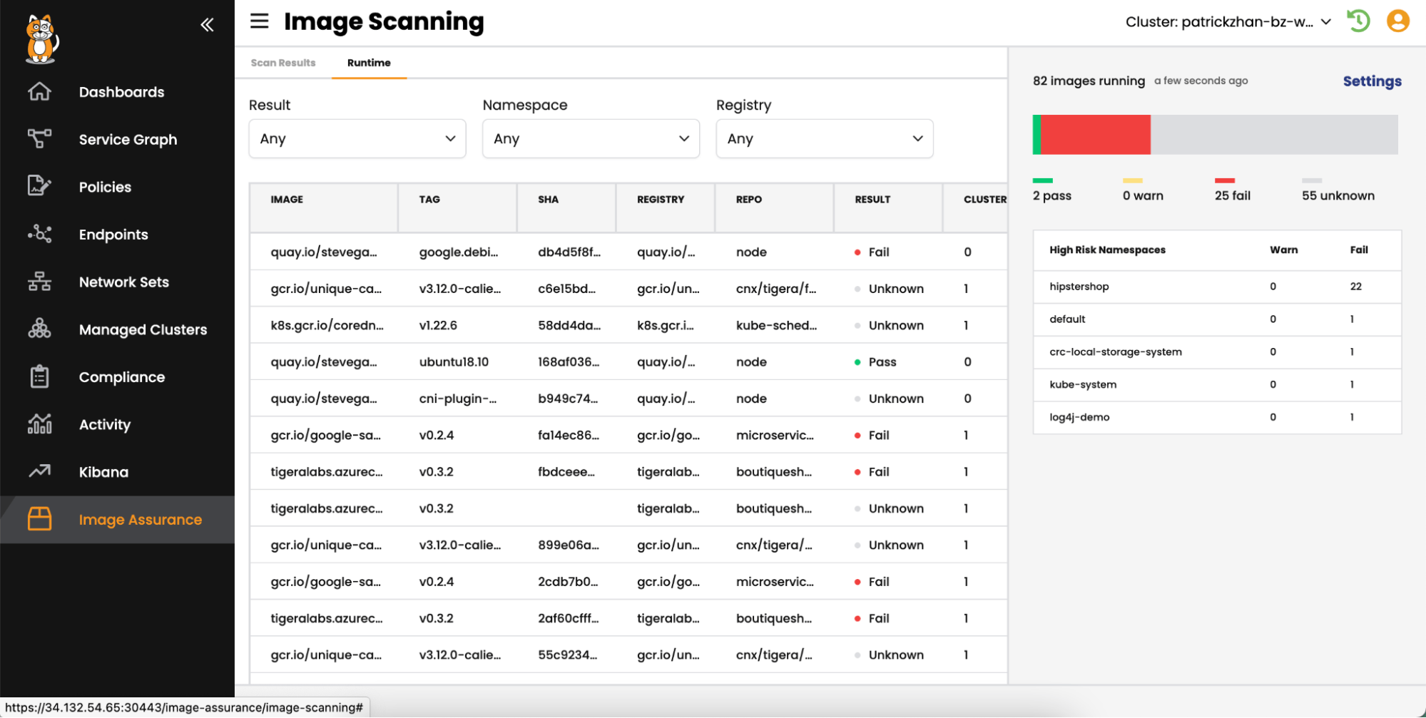 Screenshot of image scanning results, showing 'Fail' results for some images, illustrating image assurance