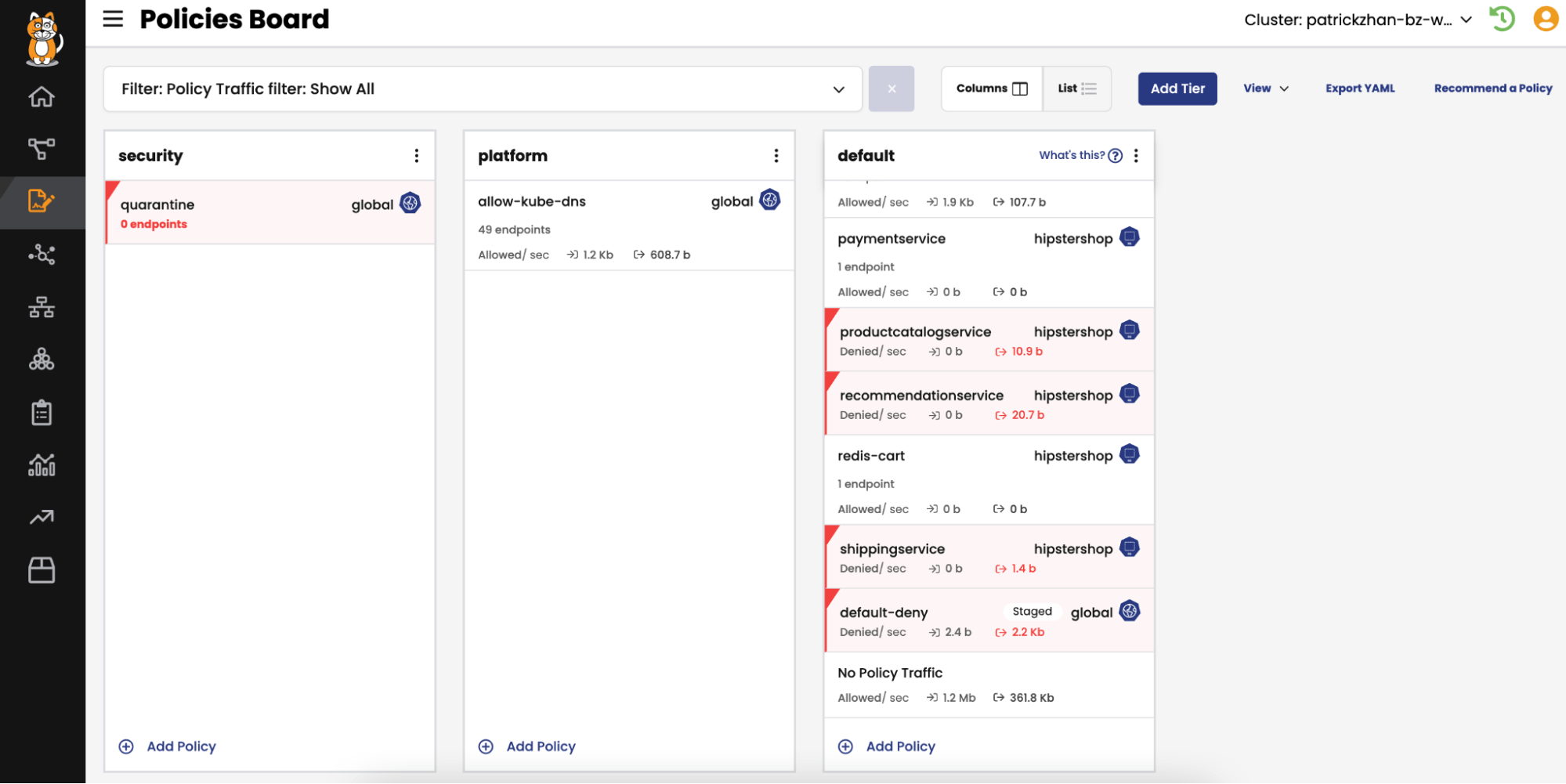 Screenshot of a Kubernetes policy board showing namespaces and network policies, illustrating component isolation for