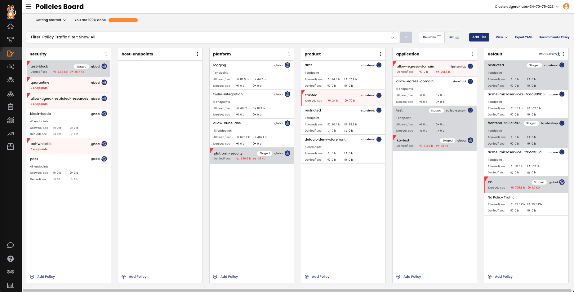 Kubernetes network policy dashboard showing security policies, including a 'quarantine' policy, illustrating workload