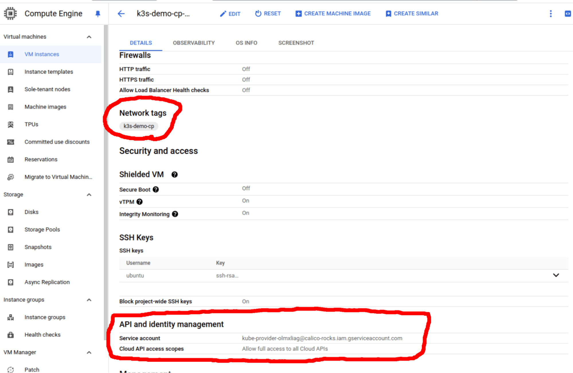GCP VM instance settings showing network tag assignment and newly created service account selection in API identity