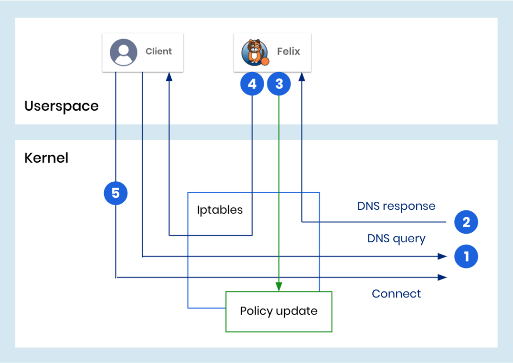 Diagram of client-server interaction with policy updates, illustrating potential latency from policy synchronization in