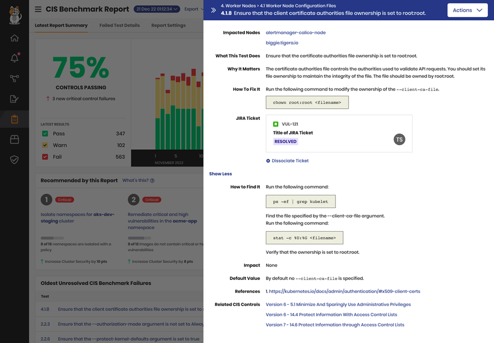 With JIRA integration, you can create tickets for the remediation of configuration controls