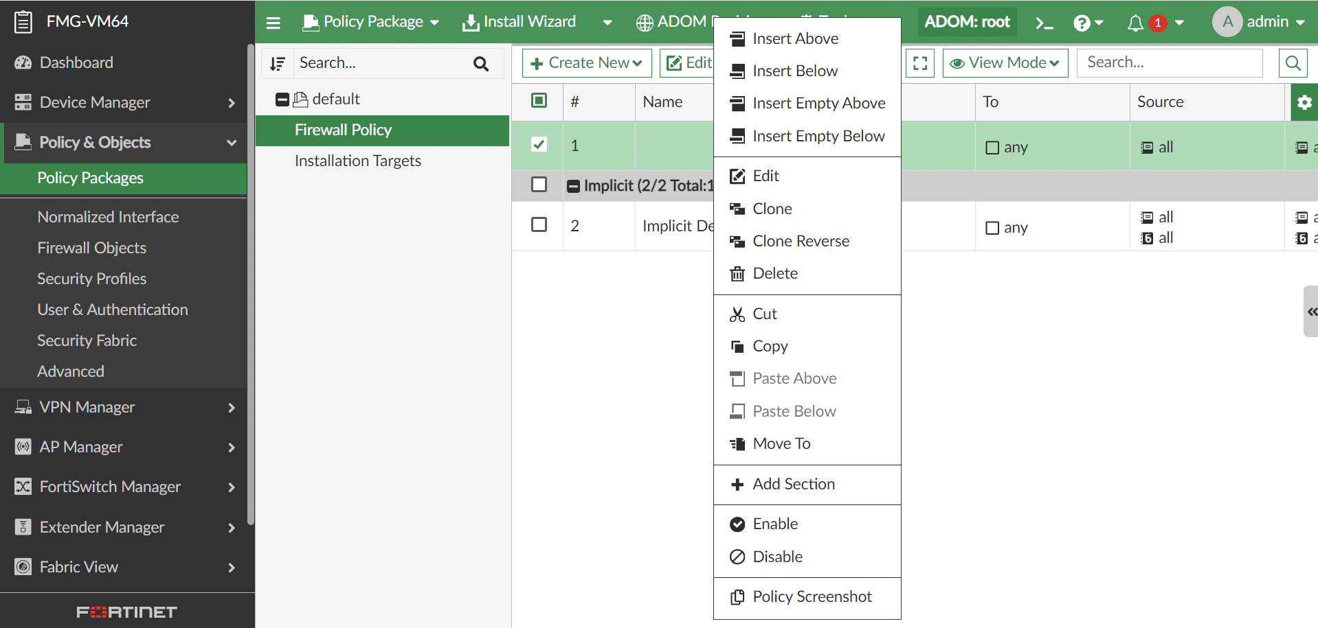 A Fortinet interface displays firewall policies and an open context menu.