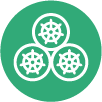 Three white Kubernetes wheel icons interconnected within a green circle.