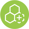 Icon of three connected hexagons with a plus sign in a dashed square.