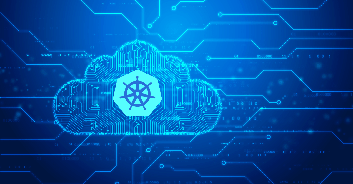 Kubernetes logo within a circuit board cloud on a blue binary background.