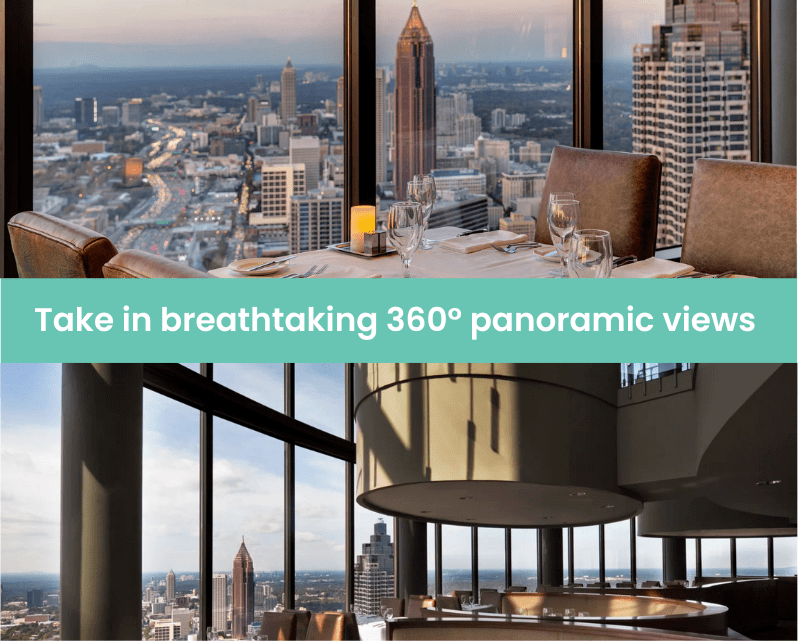 Restaurant tables with panoramic views of a city skyline at day and dusk.