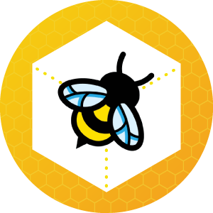 A cartoon bee in a hexagon surrounded by honeycomb.