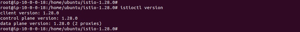 Output of istioctl version showing client, control plane and data plane version 1.28.0