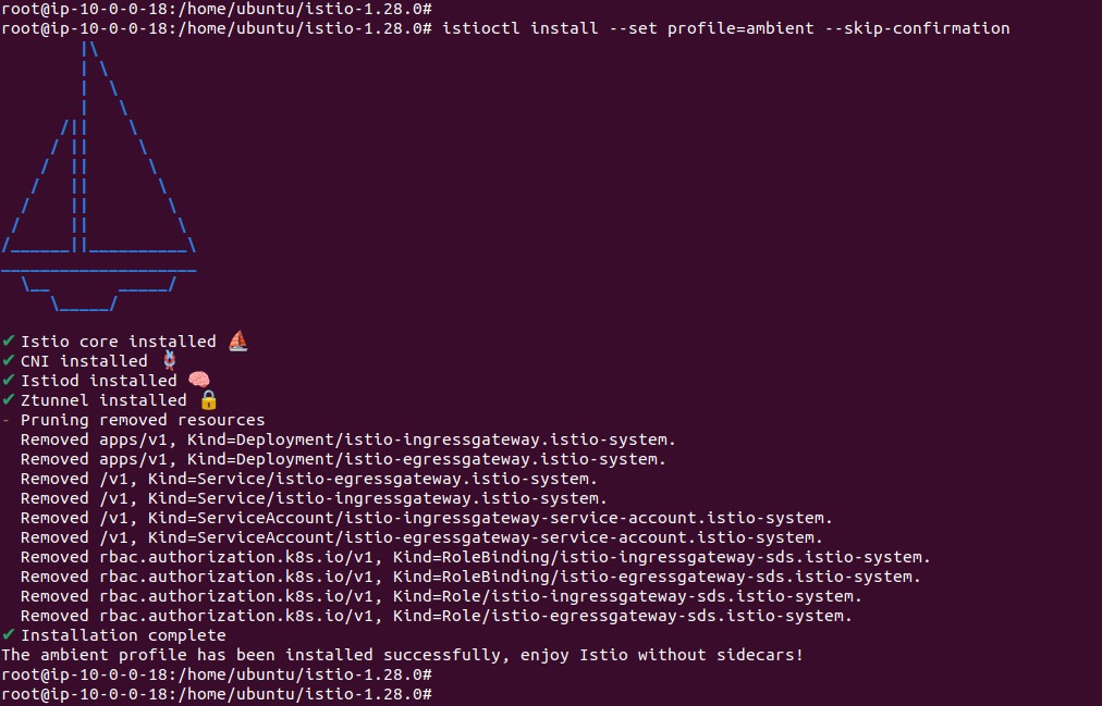 Output of installing Istio with the ambient profile