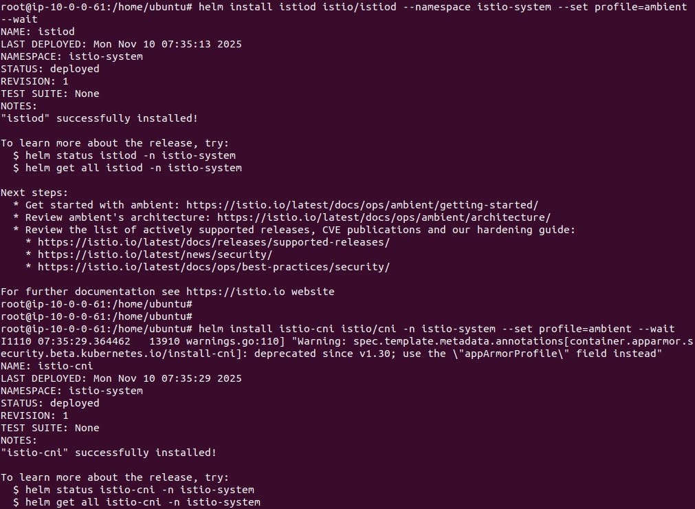 Output of installing istiod and istio-cni with Helm