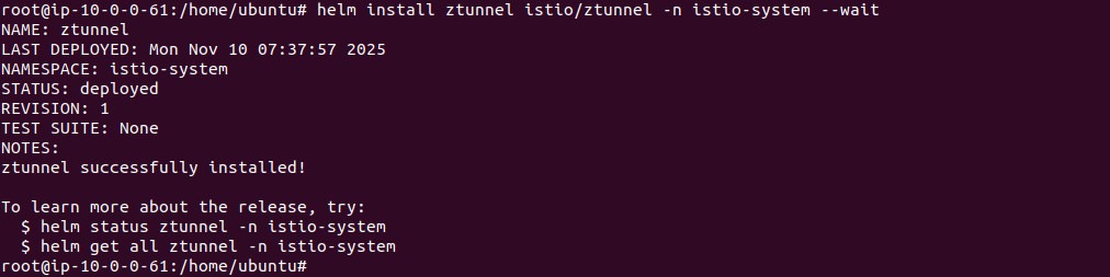 Output of installing ztunnel with Helm
