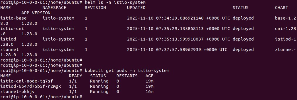Output of helm ls and kubectl get pods showing istio-cni, istiod and ztunnel running