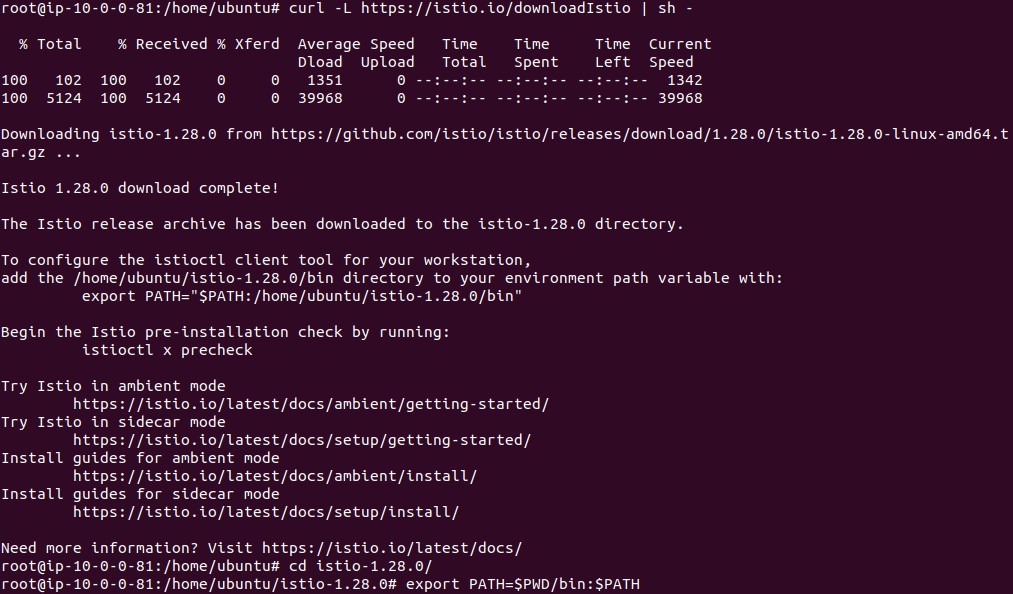 Output of downloading Istio and adding istioctl to the PATH
