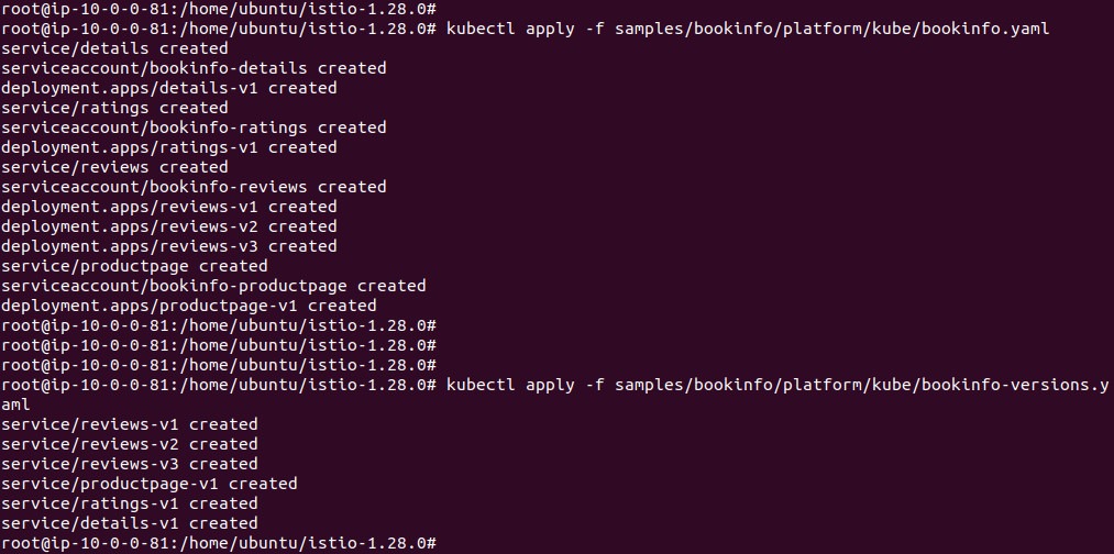 Output of deploying the Bookinfo sample application