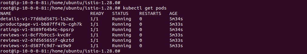 kubectl get pods output showing the Bookinfo pods running