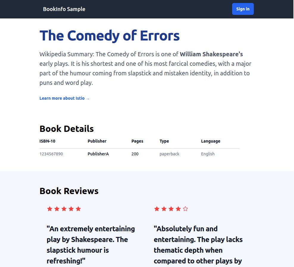 Bookinfo product page served through the Istio gateway