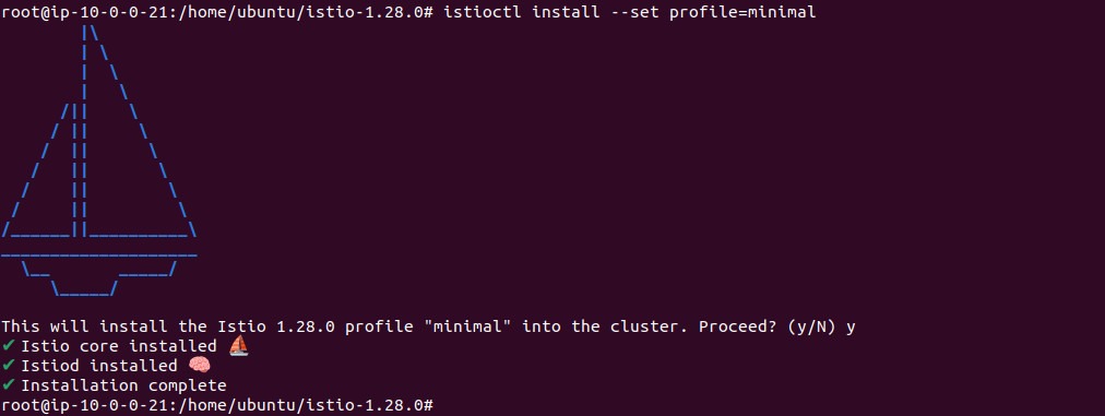Output of installing Istio with the minimal profile