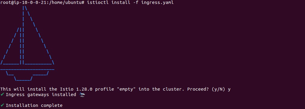 Output of installing the ingress gateway with istioctl