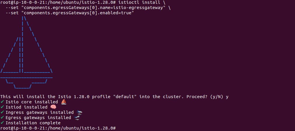 Output of installing Istio with the egress gateway enabled
