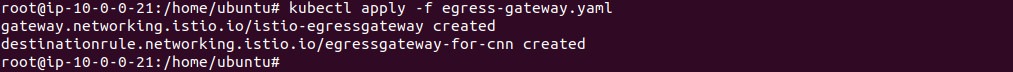 Output of applying the egress gateway and destination rule